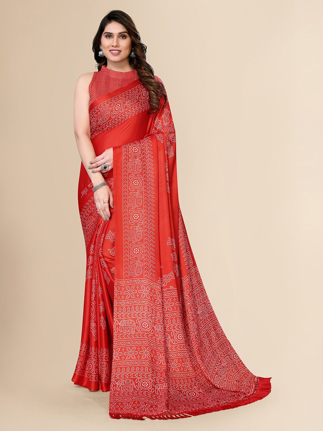 

FABMORA Ethnic Motifs Printed Pure Chiffon Saree, Red