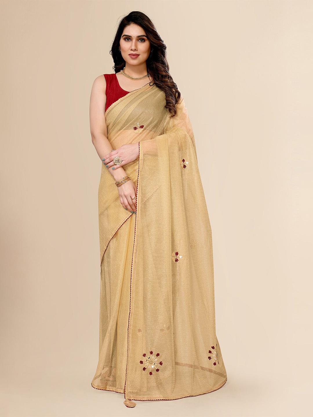 

FABMORA Ethnic Motif Embroidered Net Saree, Beige