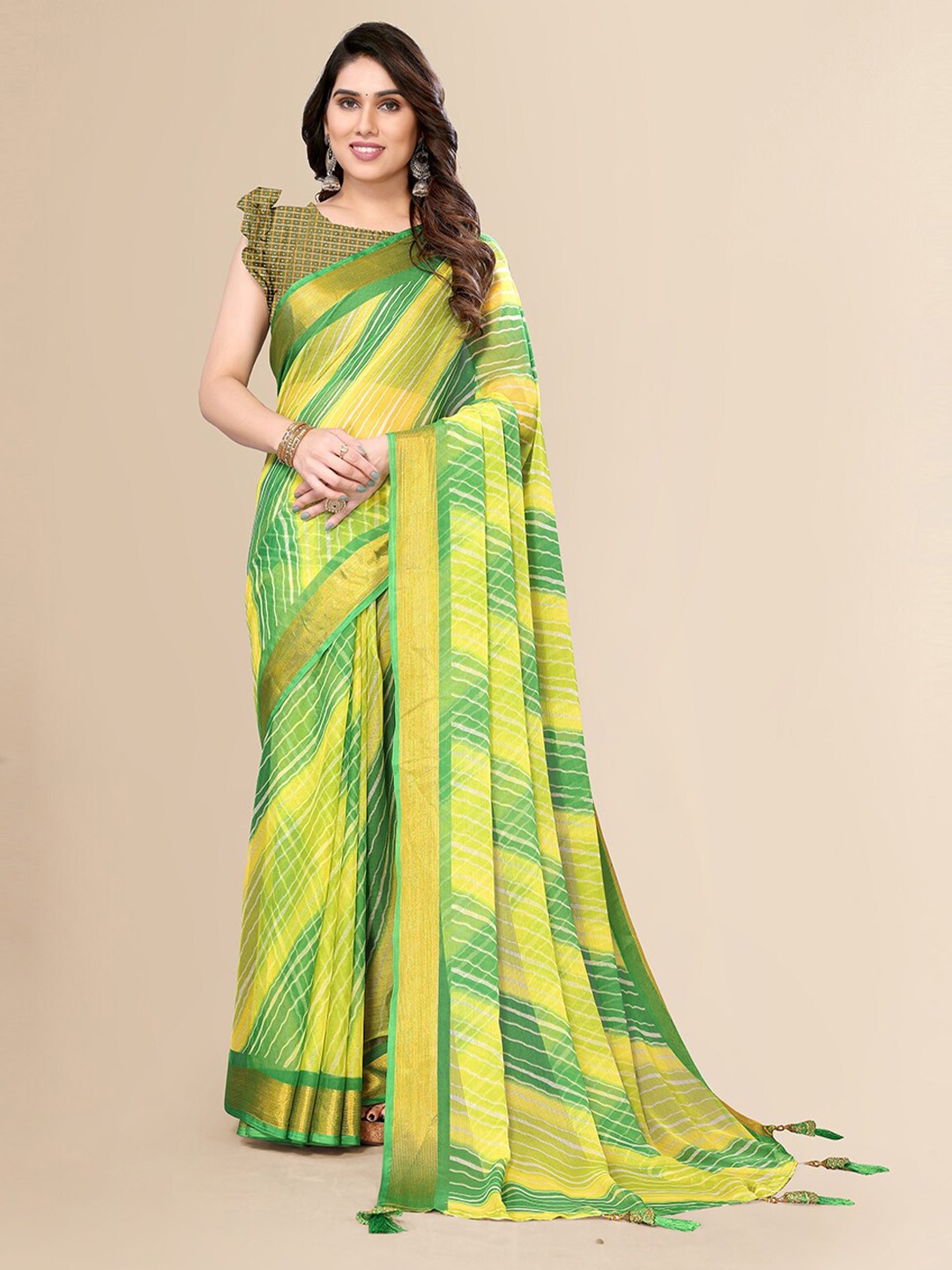 

FABMORA Striped Zari Pure Chiffon Saree, Yellow