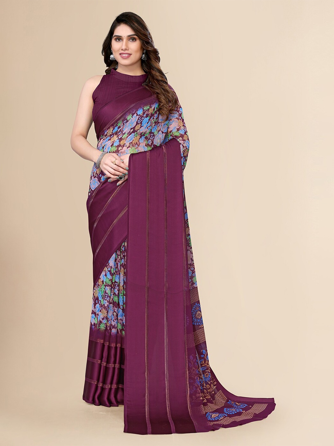 

FABMORA Floral Printed Pure Chiffon Saree, Purple