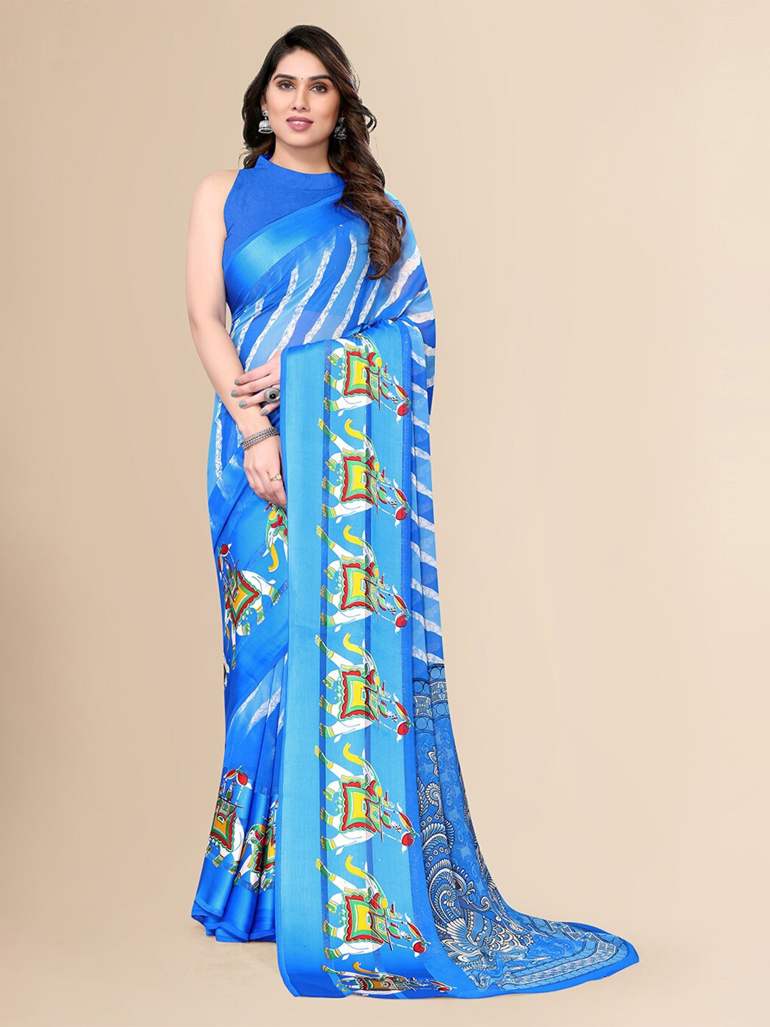 

FABMORA Ethnic Motifs Printed Zari Pure Chiffon Saree, Blue