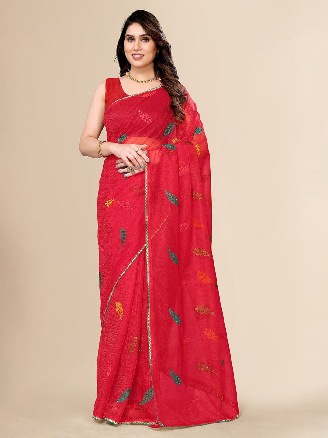 

FABMORA Embellished Embroidered Net Saree, Red