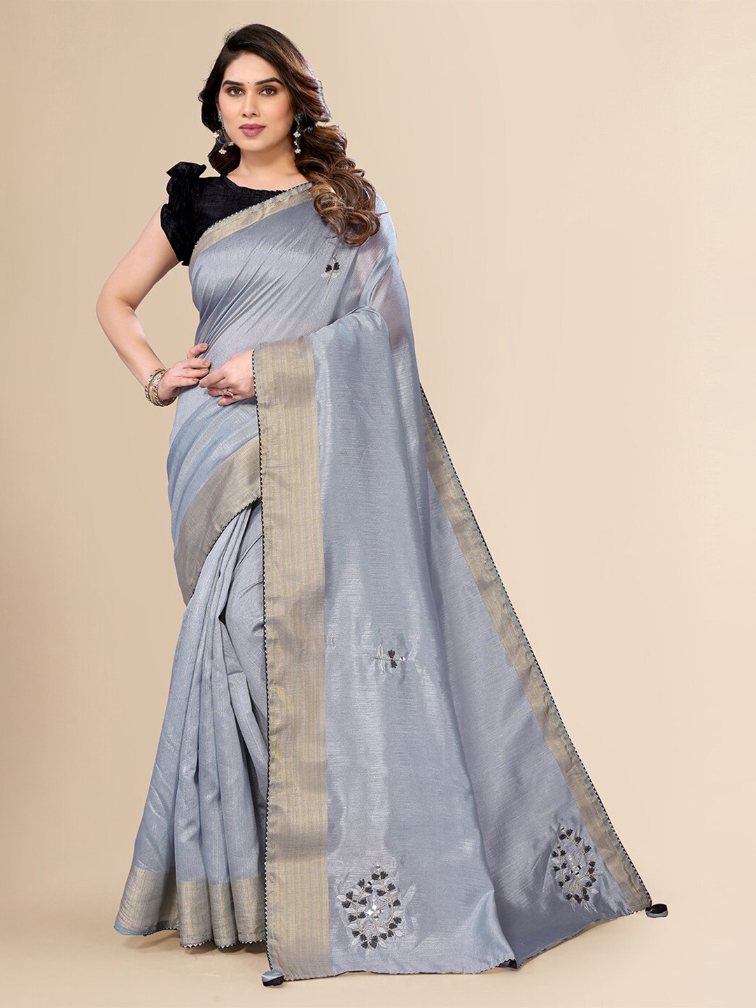 

FABMORA Embellished Mirror Work Saree, Grey