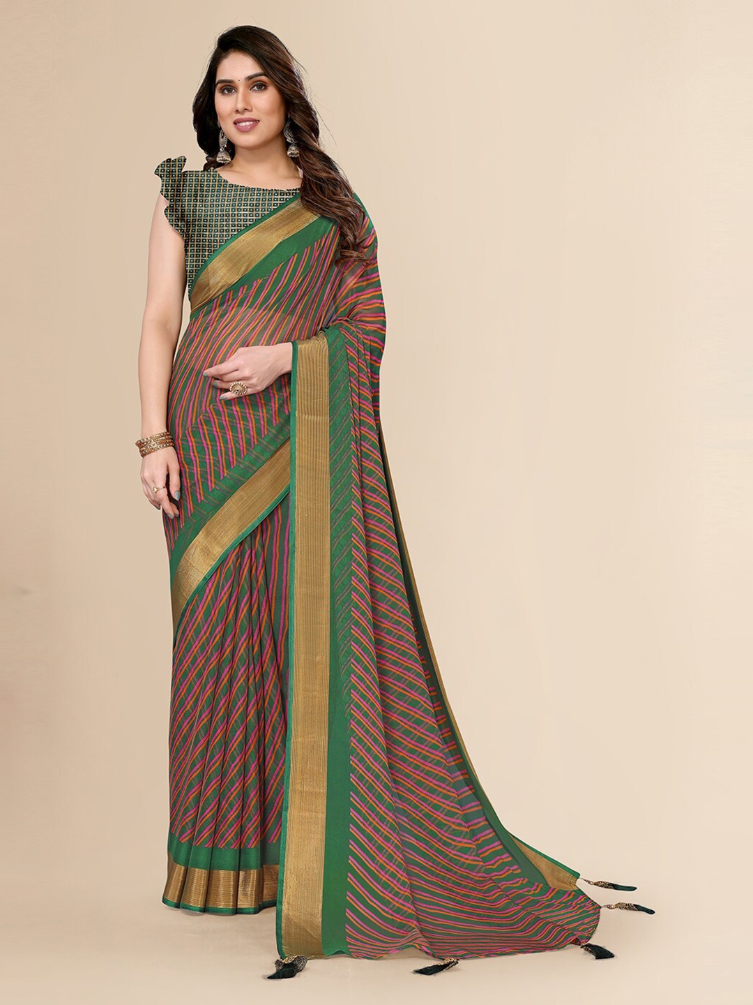 

FABMORA Striped Zari Pure Chiffon Saree, Green