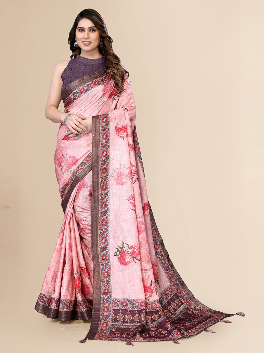 

FABMORA Floral Printed Pure Silk Saree, Purple