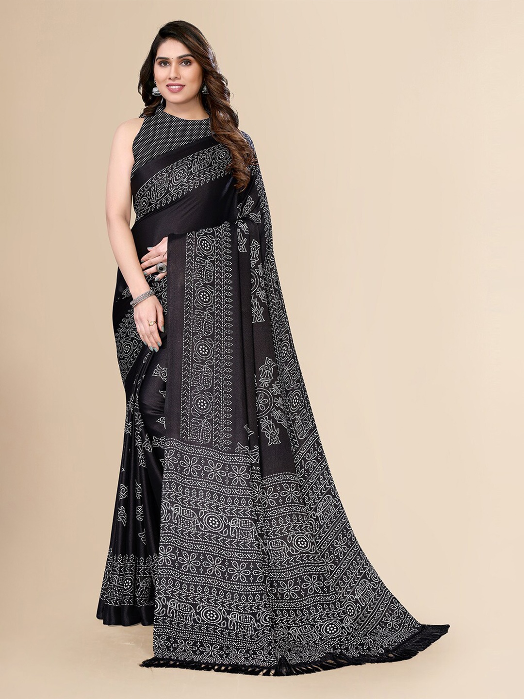 

FABMORA Ethnic Motifs Printed Pure Chiffon Saree, Black