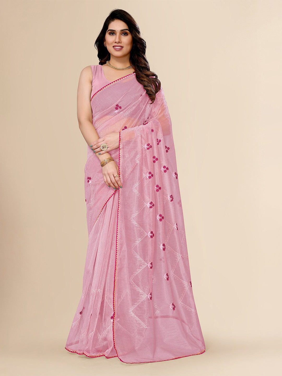 

FABMORA Embellished Net Saree, Pink