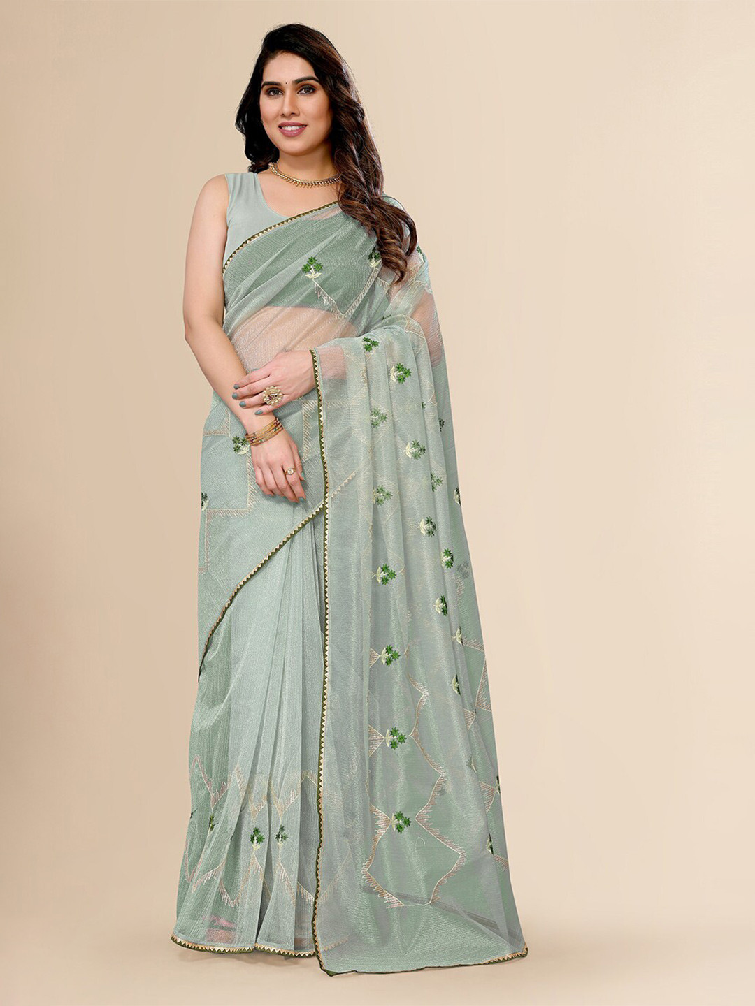 

FABMORA Embellished Net Saree, Green