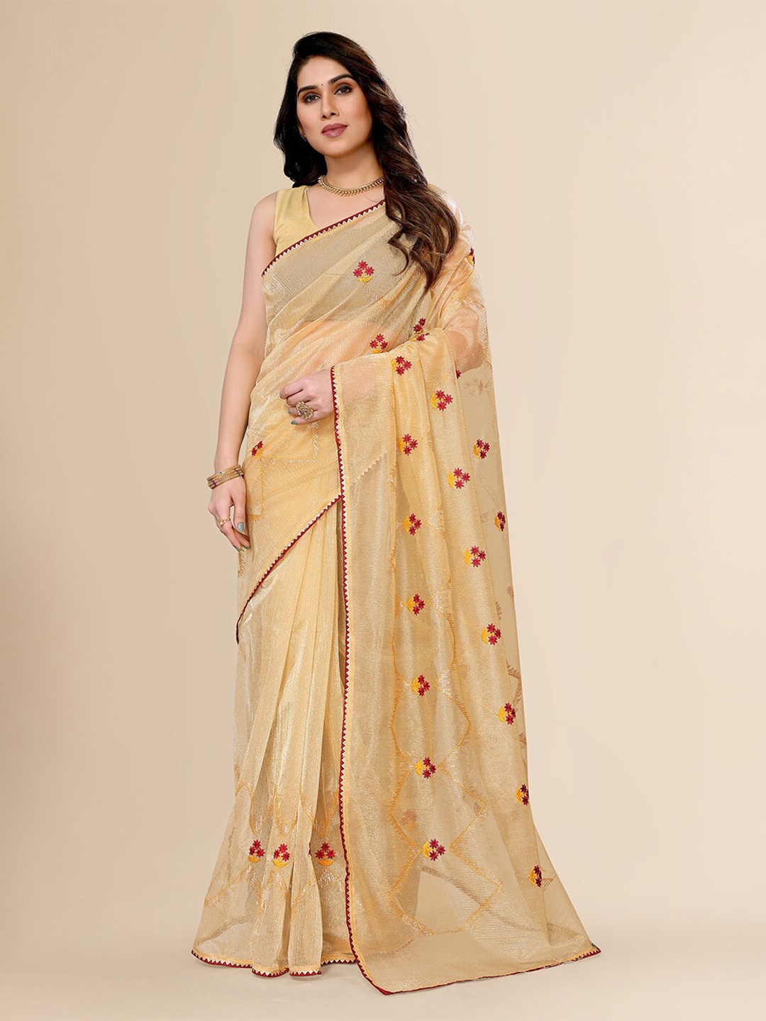

FABMORA Embellished Net Saree, Yellow