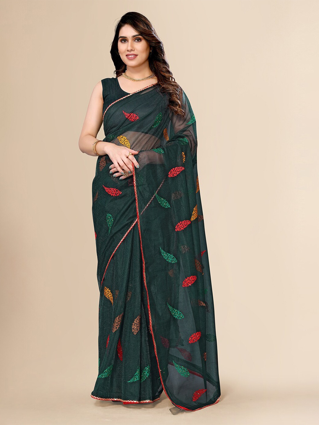 

FABMORA Ethnic Motifs Embroidered Net Saree, Green