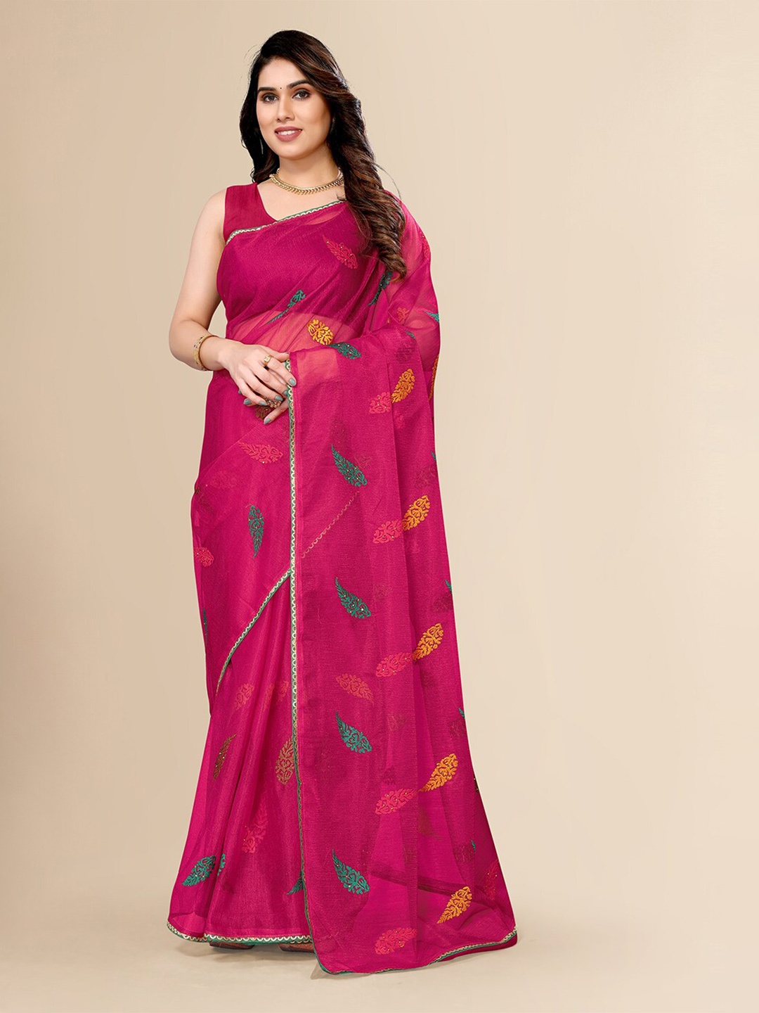 

FABMORA Floral Embroidered Stones Net Saree, Pink