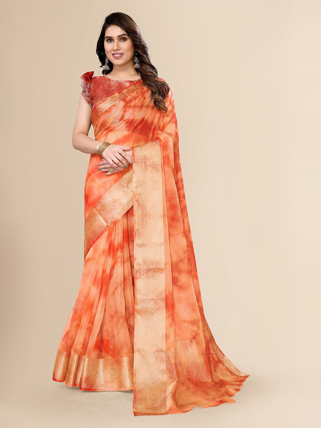 

FABMORA Tie and Dye Dyed Zari Organza Saree, Orange