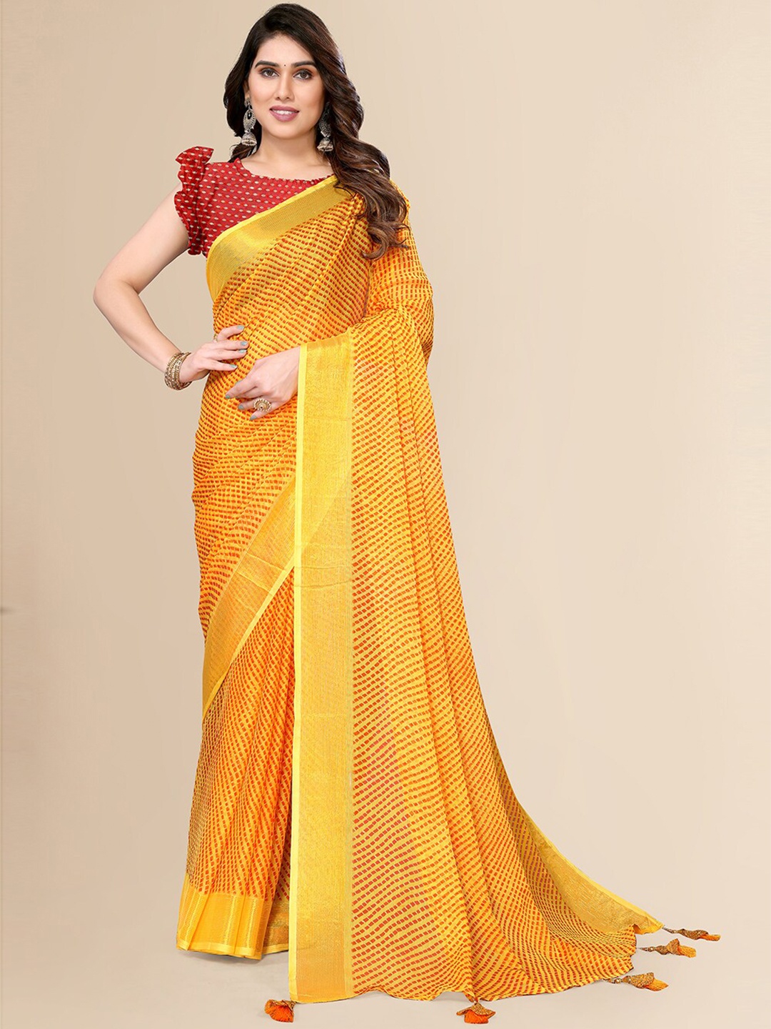 

FABMORA Striped Pure Chiffon Saree, Yellow