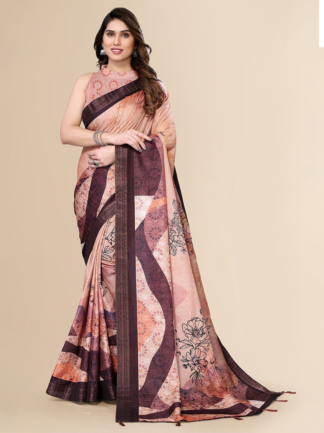 

FABMORA Floral Printed Pure Silk Saree, Camel brown