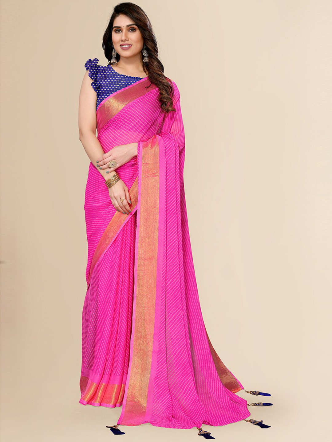 

FABMORA Striped Zari Pure Chiffon Saree, Pink