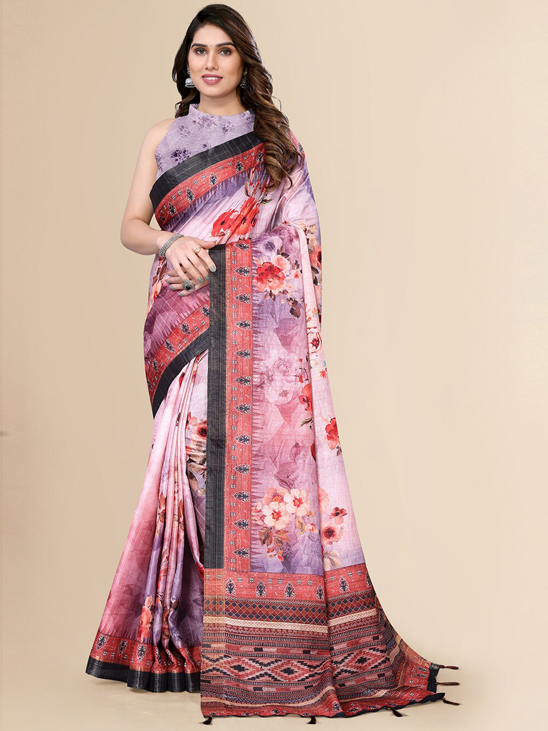 

FABMORA Floral Printed Pure Silk Saree, Black
