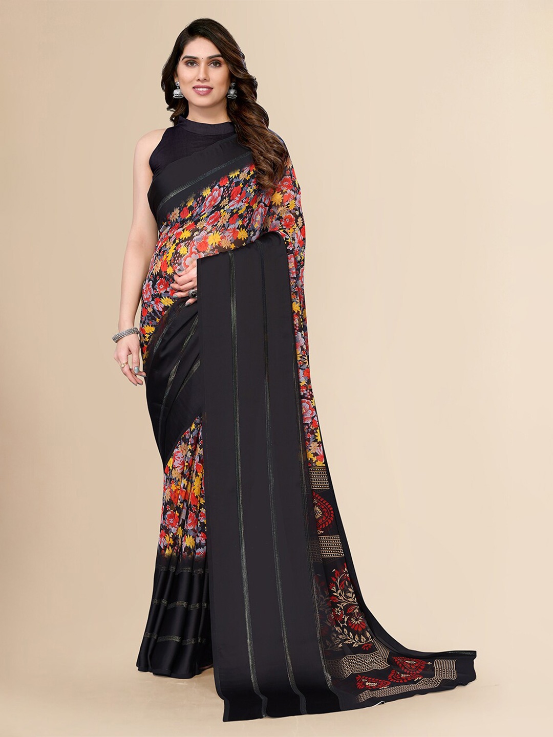 

FABMORA Floral Printed Pure Chiffon Saree, Black