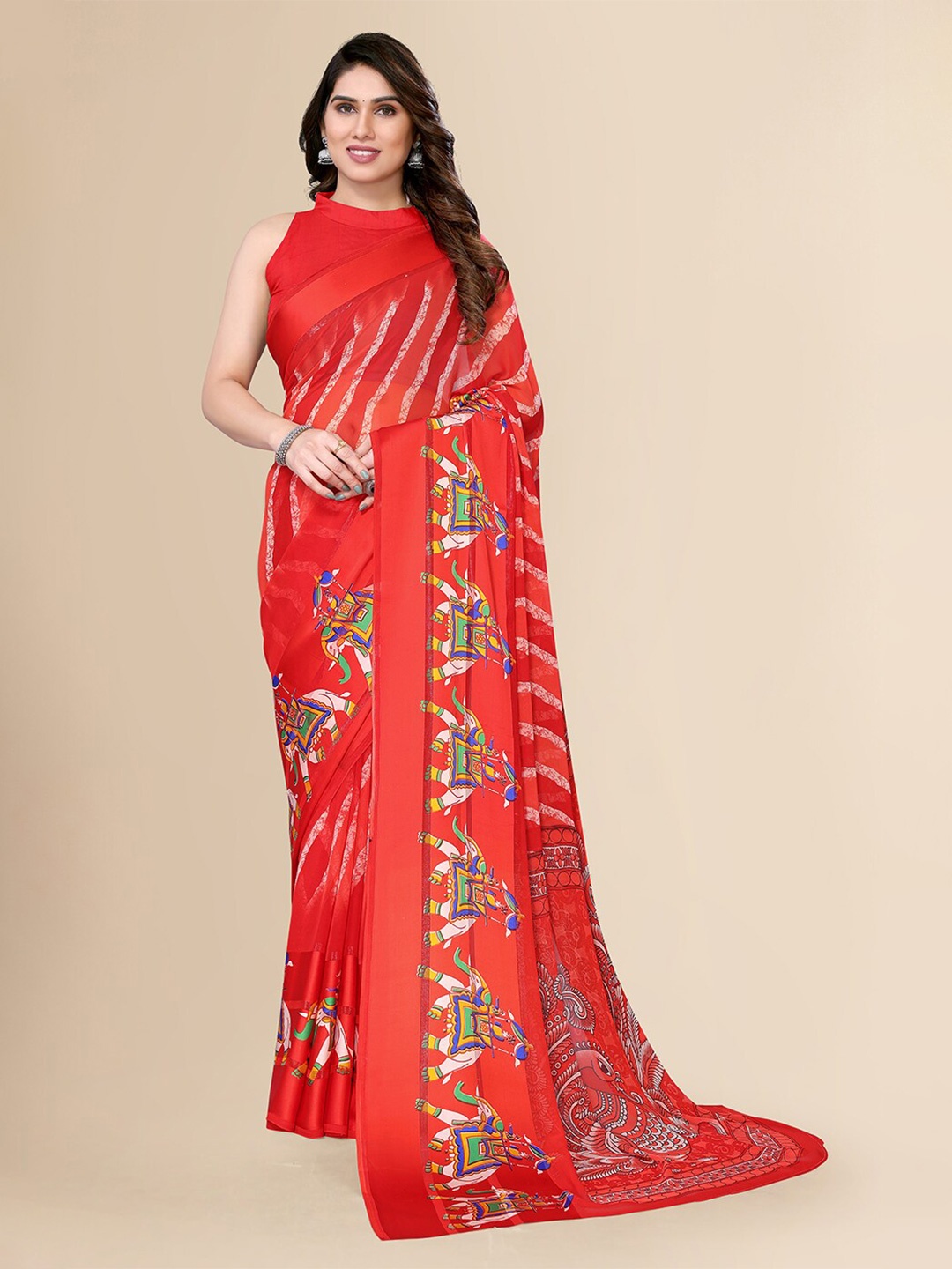 

FABMORA Ethnic Motifs Printed Pure Chiffon Saree, Red