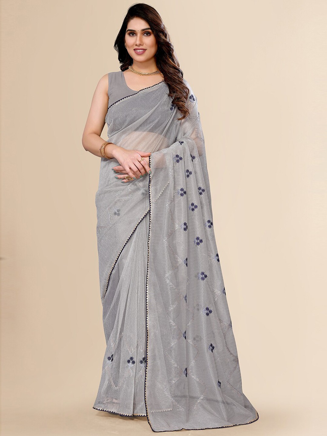 

FABMORA Grey & Blue Floral Embroidered Net Saree