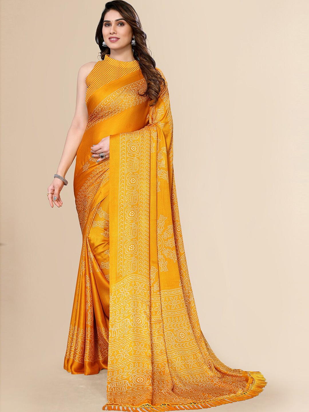 

FABMORA Ethnic Motifs Printed Pure Chiffon Saree, Yellow