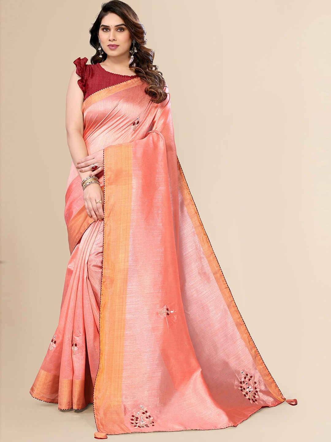 

FABMORA Floral Embroidered Mirror Work Tasseled Saree, Peach