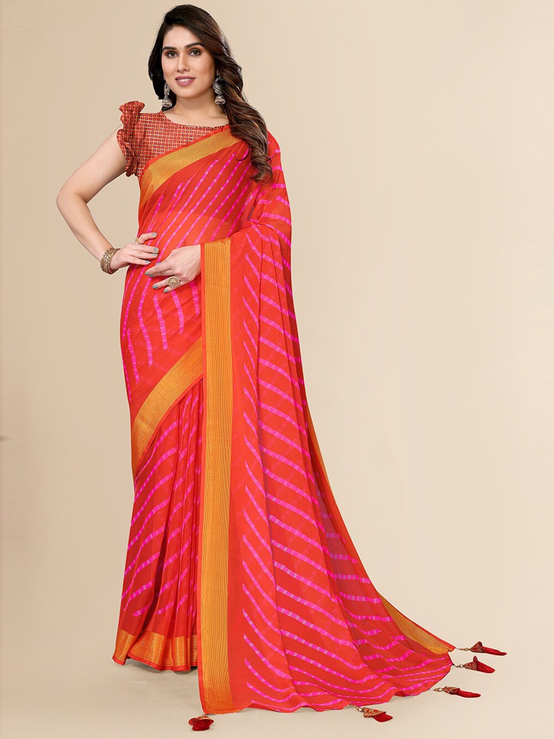 

FABMORA Striped Zari Pure Chiffon Saree, Pink