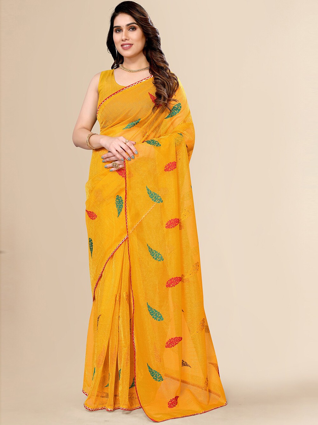 

FABMORA Ethnic Motifs Embroidered Net Saree, Yellow