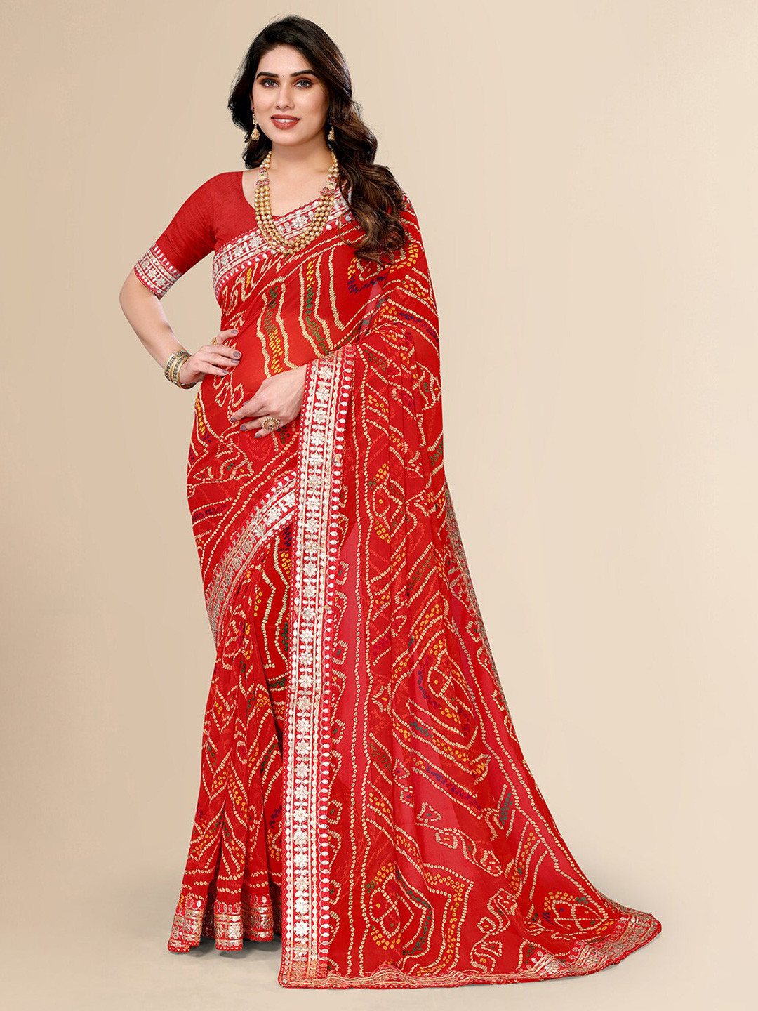 

FABMORA Bandhani Embroidered Pure Georgette Saree, Red