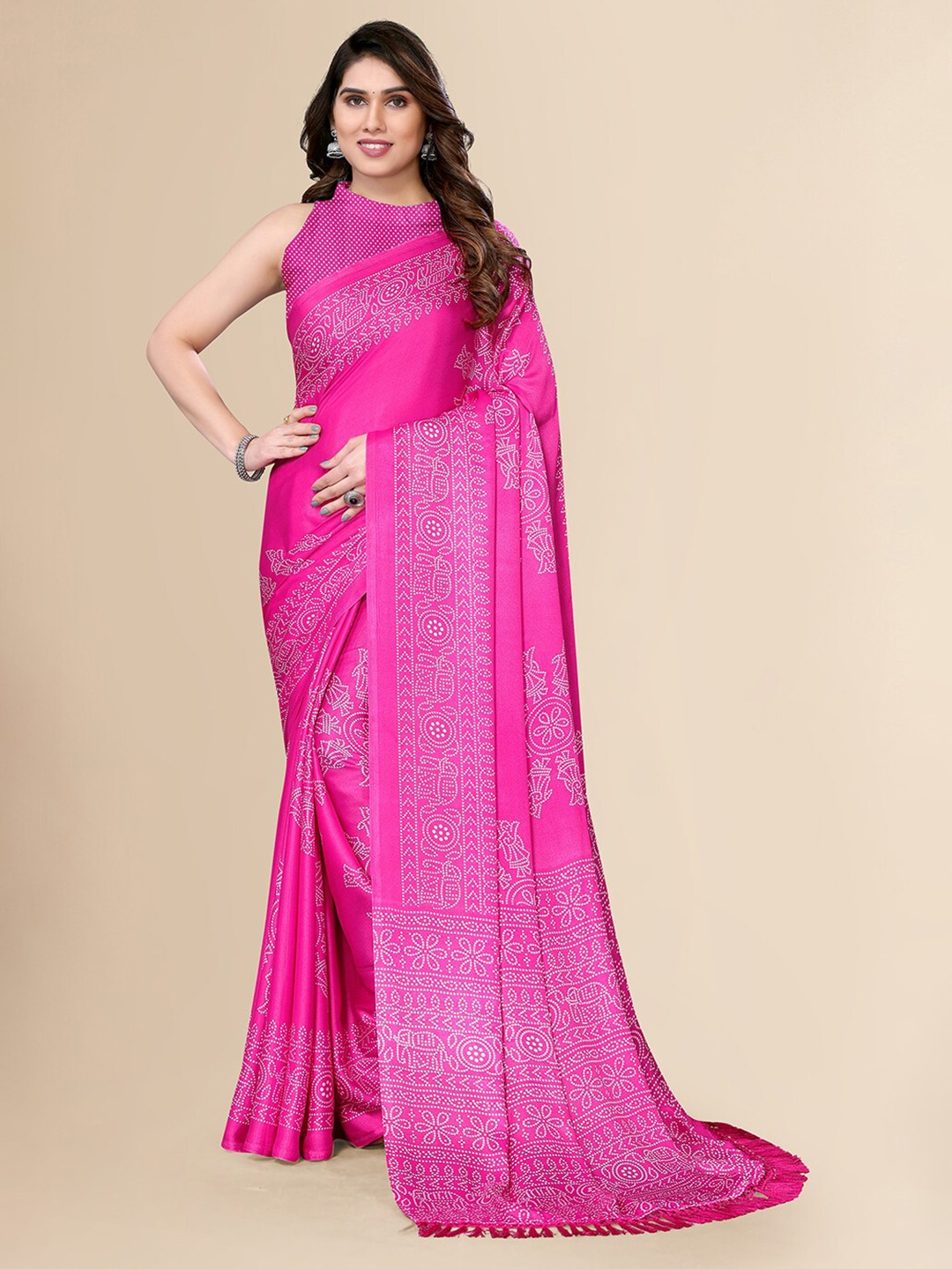 

FABMORA Geometric Printed Pure Chiffon Saree, Pink