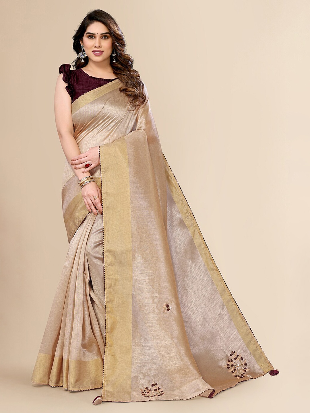 

FABMORA Floral Embroidered Gotta Patti Saree, Beige