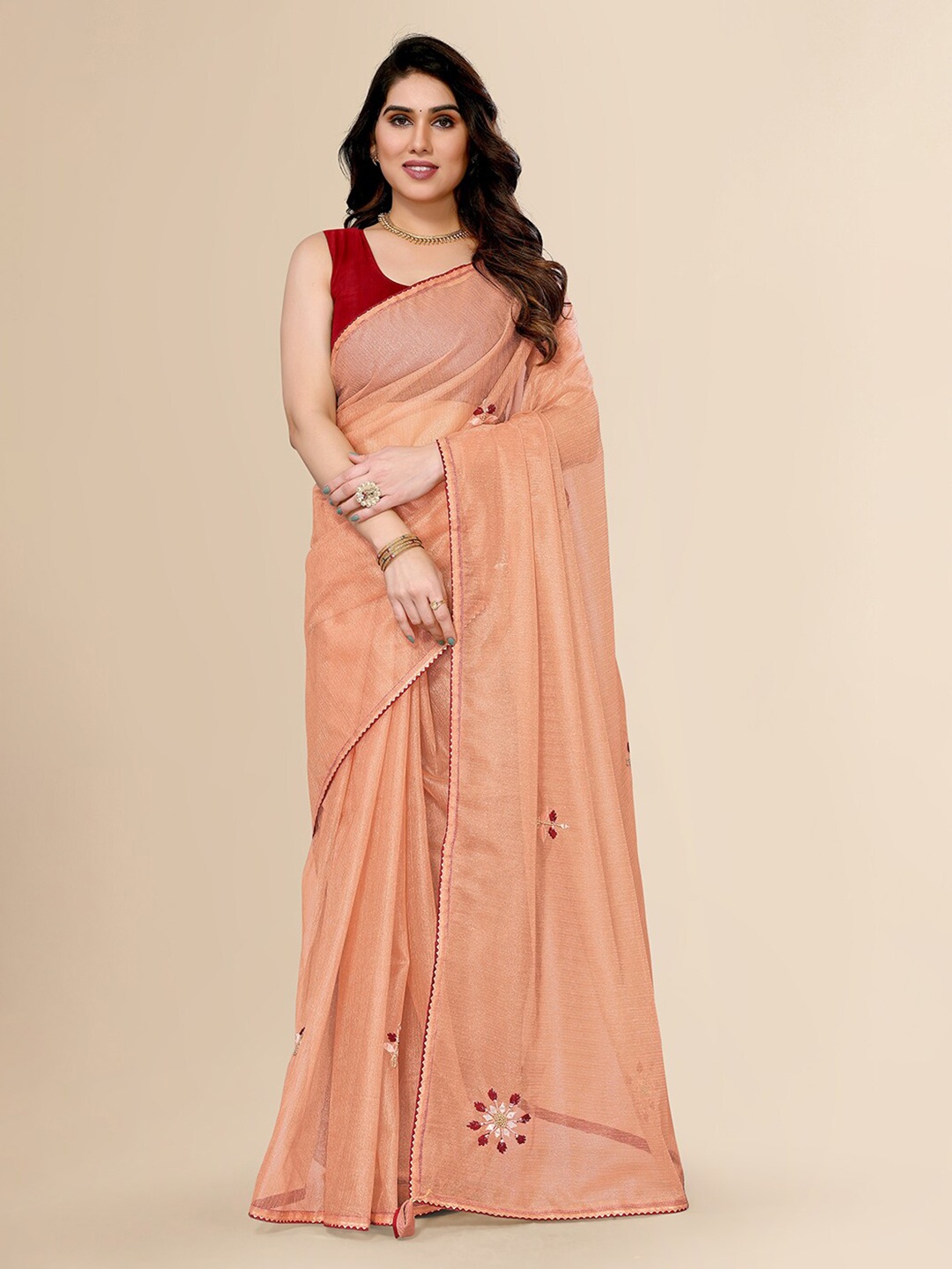 

FABMORA Ethnic Motif Embroidered Net Saree, Peach