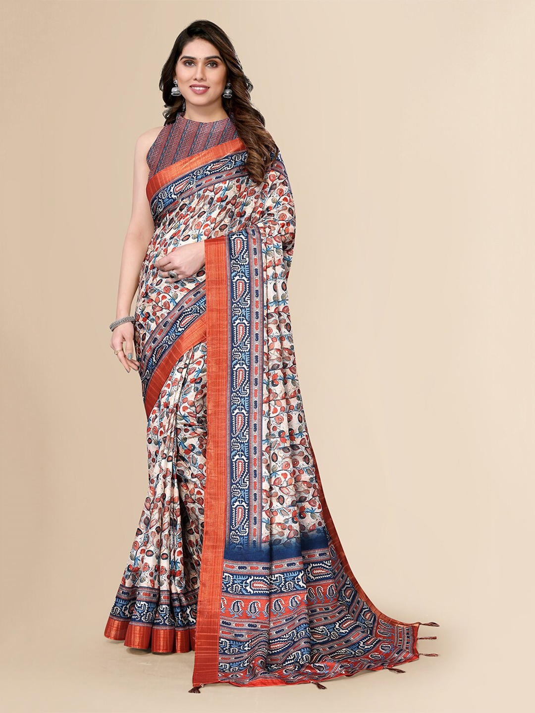

FABMORA Floral Printed Pure Silk Saree, Orange