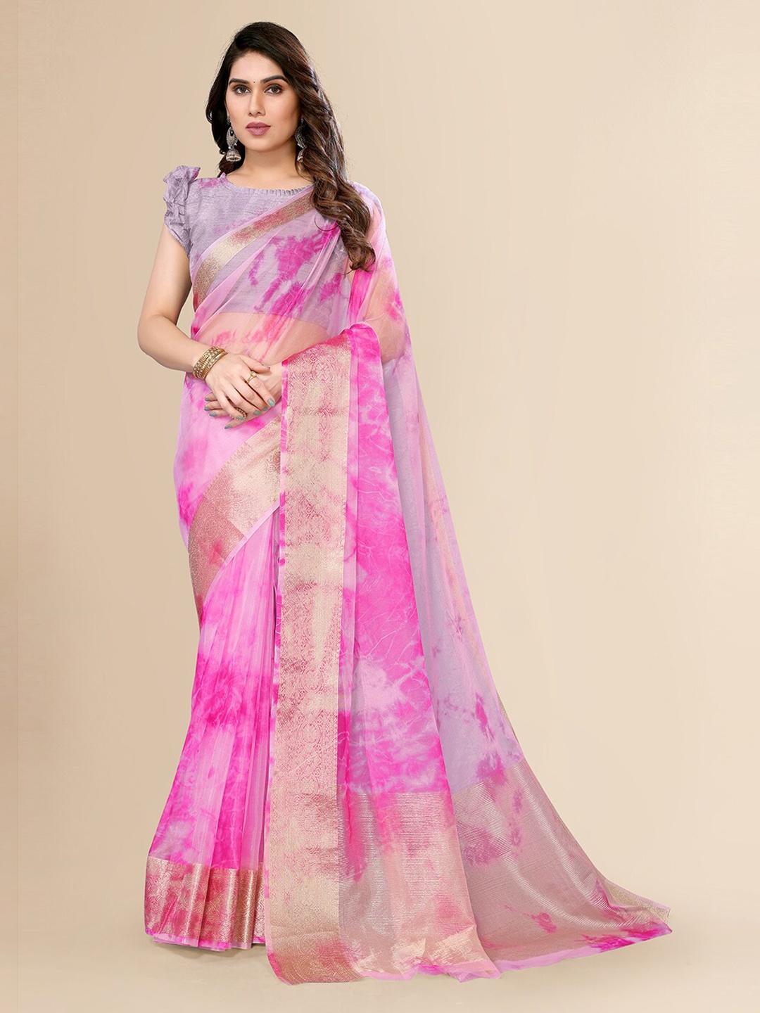 

FABMORA Abstract Printed Zari Organza Saree, Pink