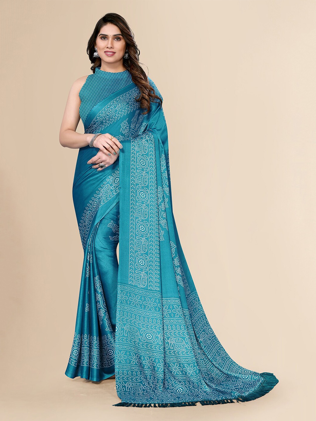 

FABMORA Ethnic Motifs Printed Pure Chiffon Saree, Turquoise blue