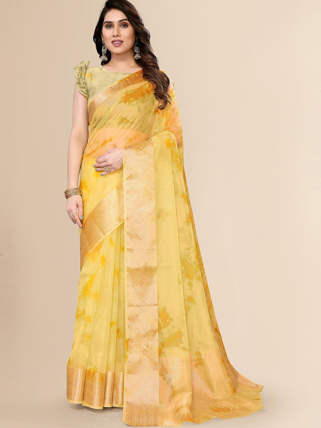 

FABMORA Abstract Printed Zari Organza Saree, Yellow