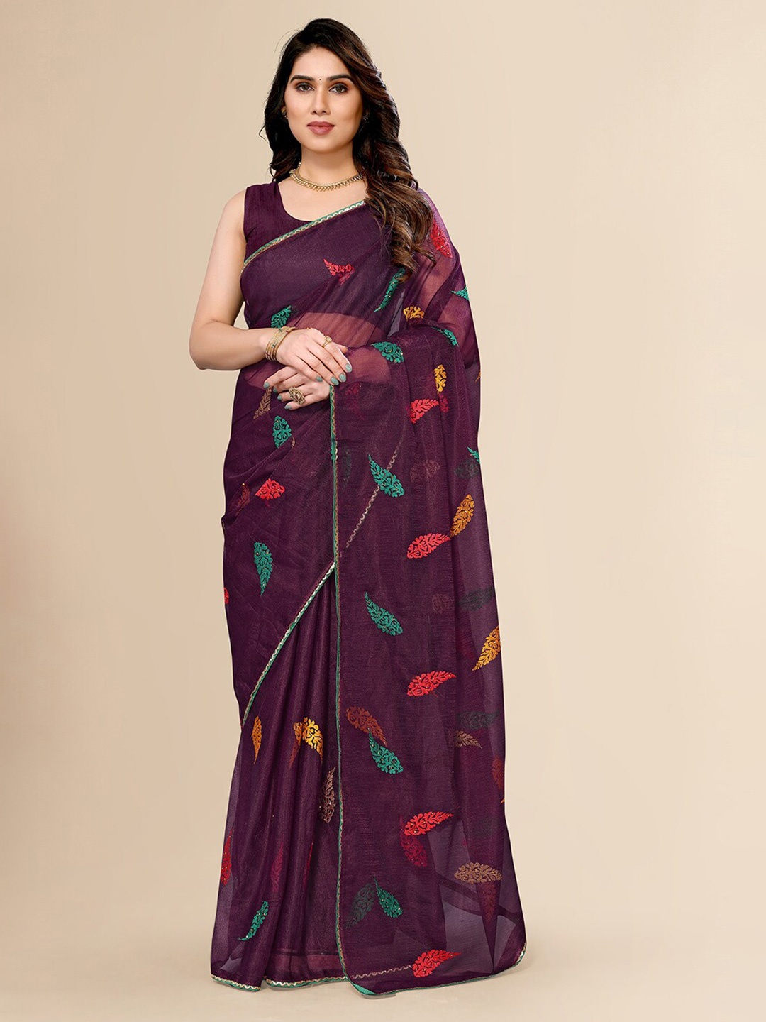 

FABMORA Floral Embroidered Net Saree, Purple