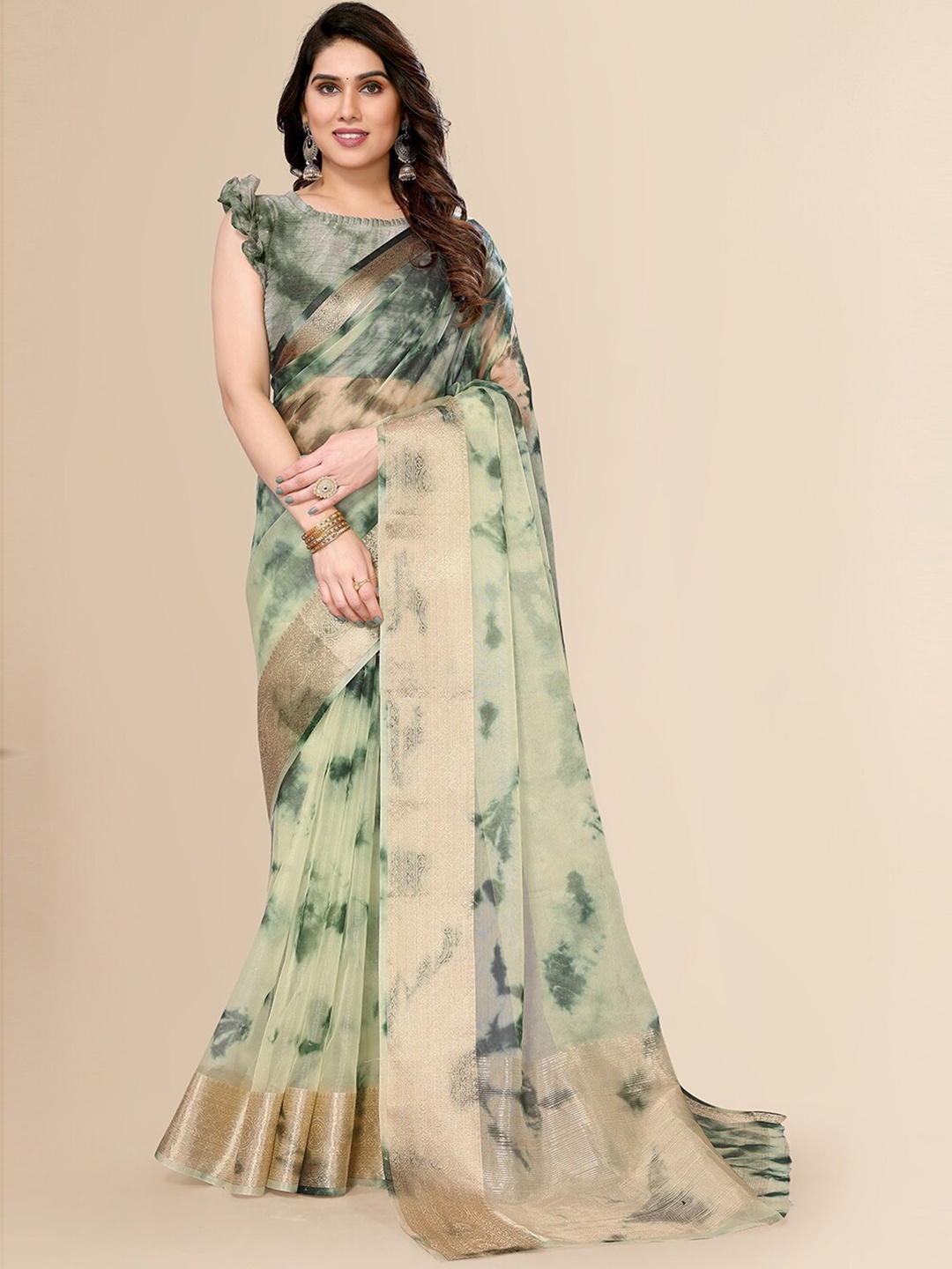 

FABMORA Tie and Dye Zari Organza Saree, Green