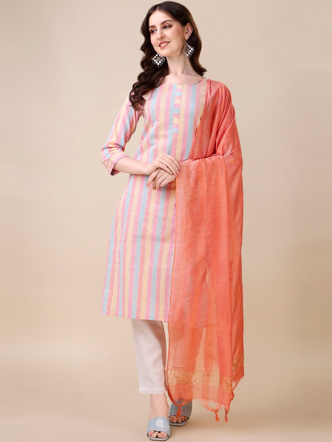 

Fashion Basket Striped Regular Kurta with Trousers & With Dupatta, Pink