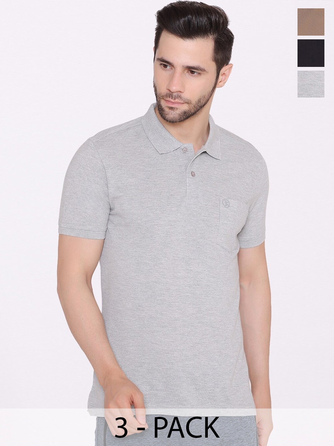 

BODYACTIVE Pacjk Of 3 Polo Collar Cotton T-shirt, Grey