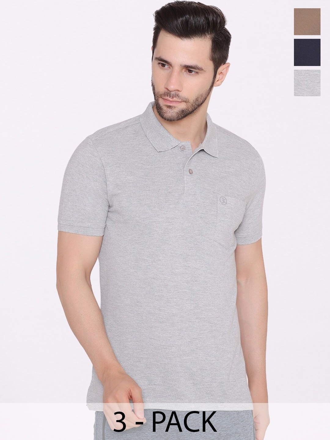 

BODYACTIVE Pack Of 3 Polo Collar Cotton T-shirt, Grey
