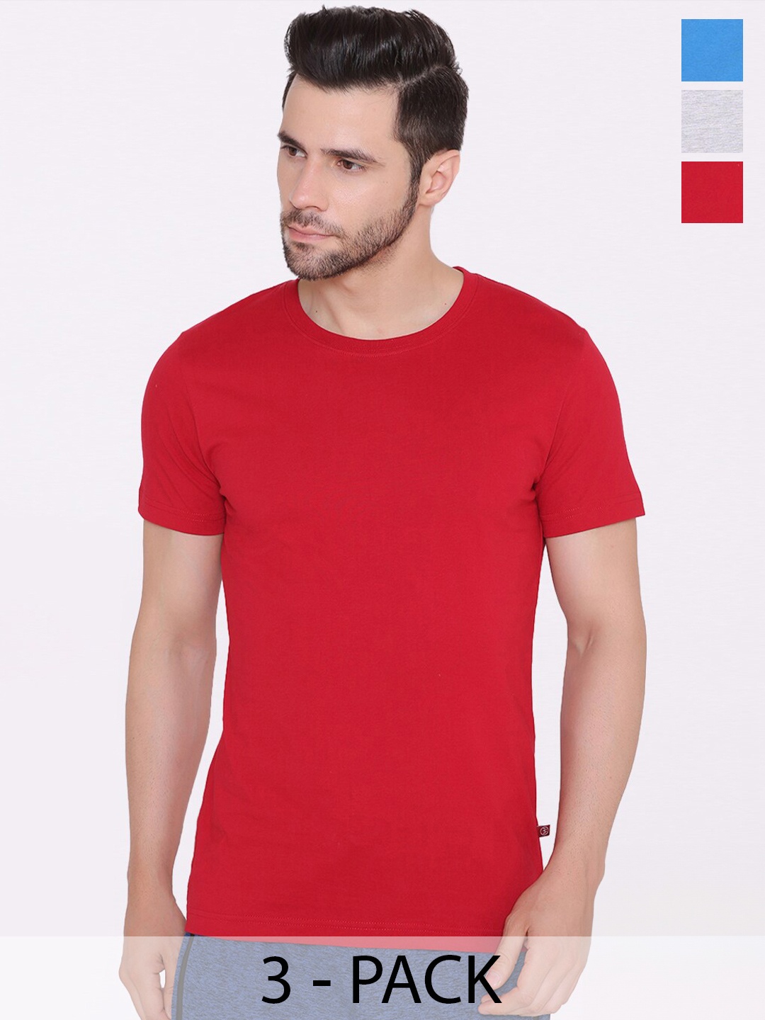 

BODYACTIVE Pack Of 3 Round Neck Short Sleeves Cotton T-shirt, Blue