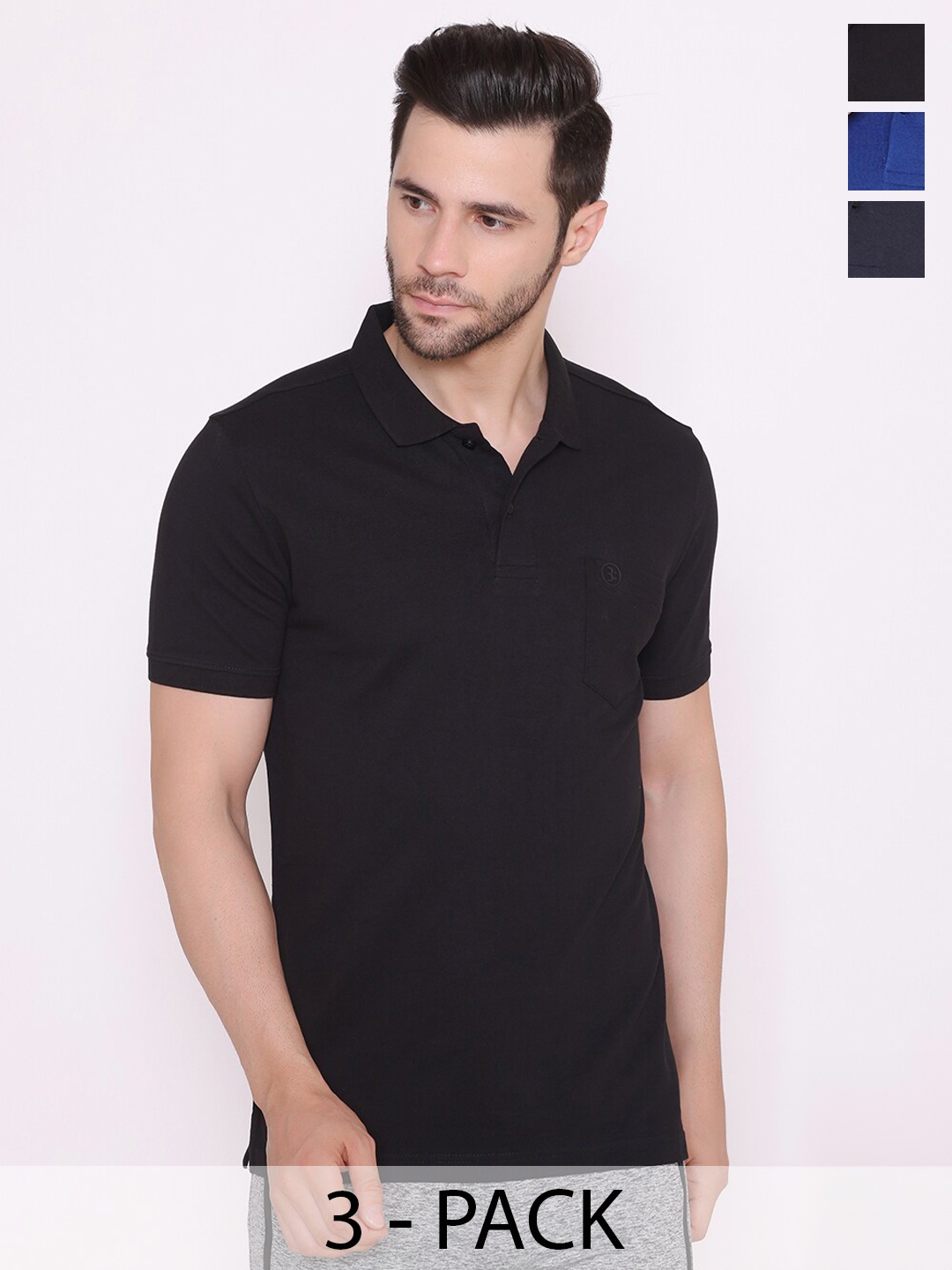 

BODYACTIVE Pack of 3 Polo Collar T-shirt, Black