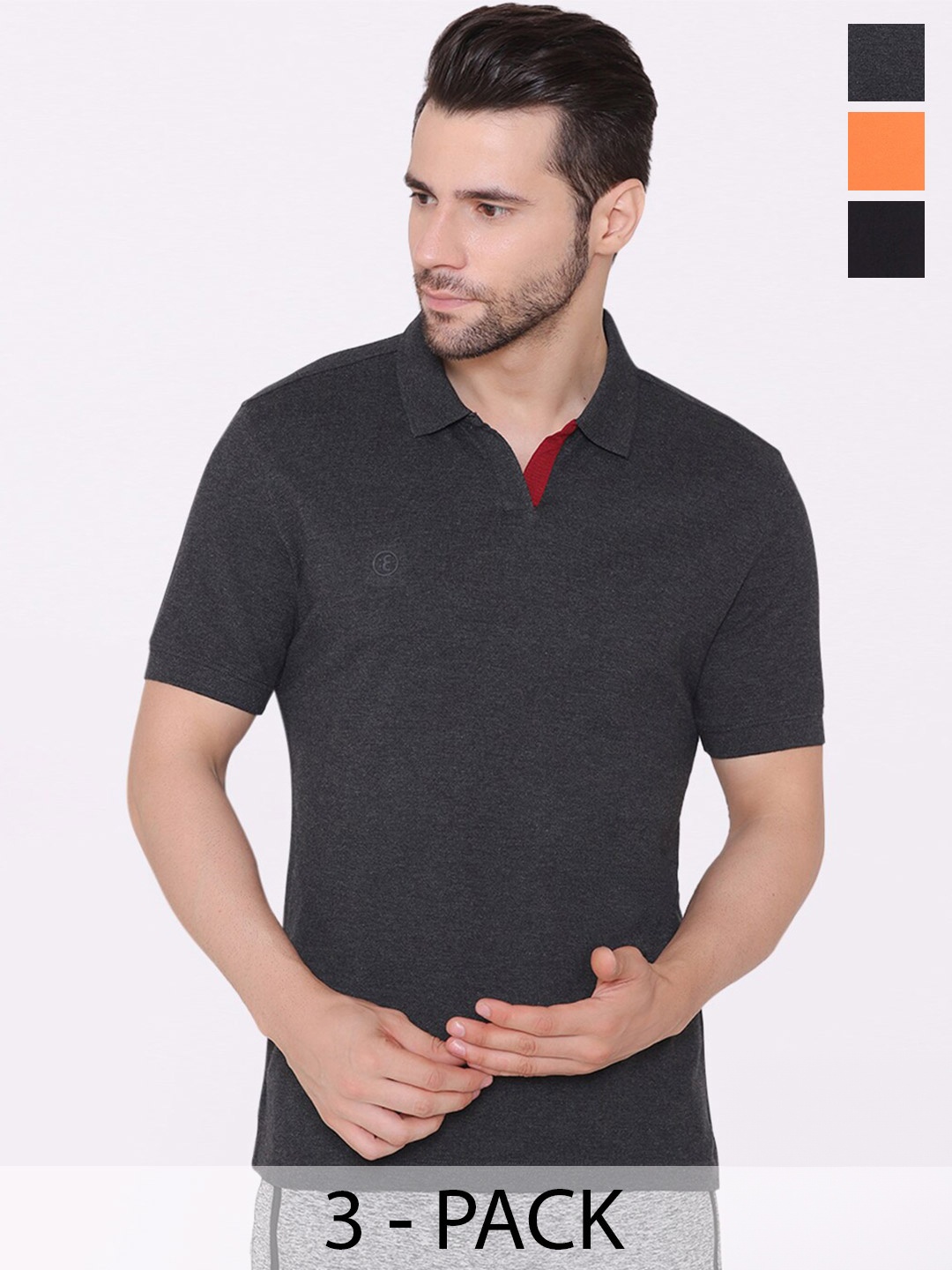 

BODYACTIVE Pack Of 3 Polo Collar Cotton Regular T-shirt, Grey