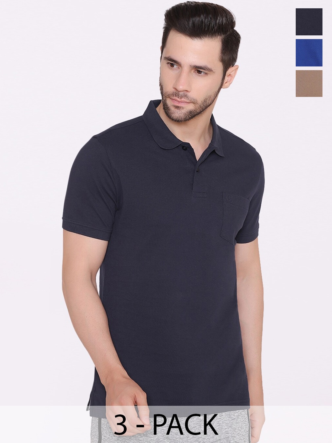 

BODYACTIVE Pack Of 3 Polo Collar Short Sleeves Cotton T-shirt, Navy blue