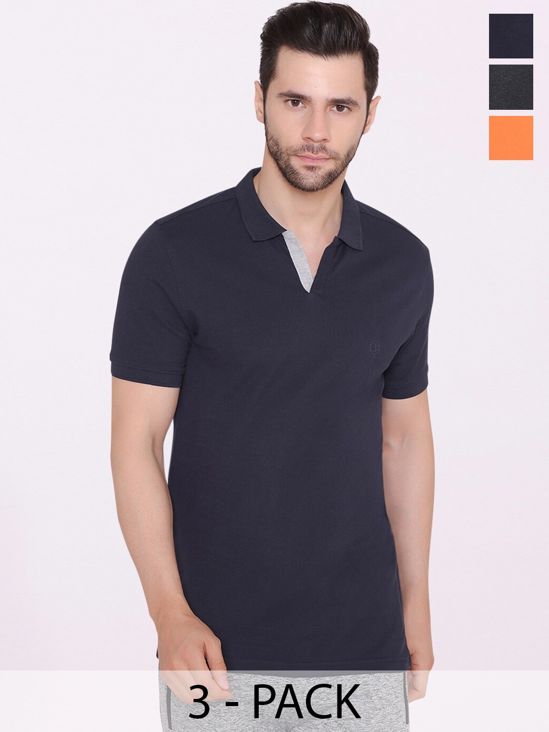 

BODYACTIVE Pack Of 3 Polo Collar Cotton T-shirt, Navy blue