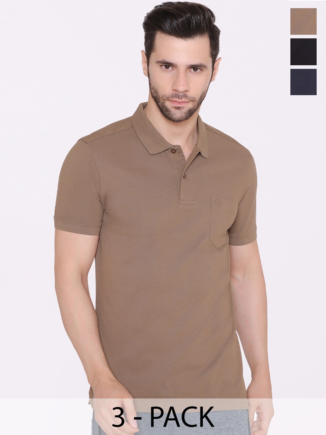 

BODYACTIVE Pack of 3 Cotton Polo Collar T-shirts, Beige