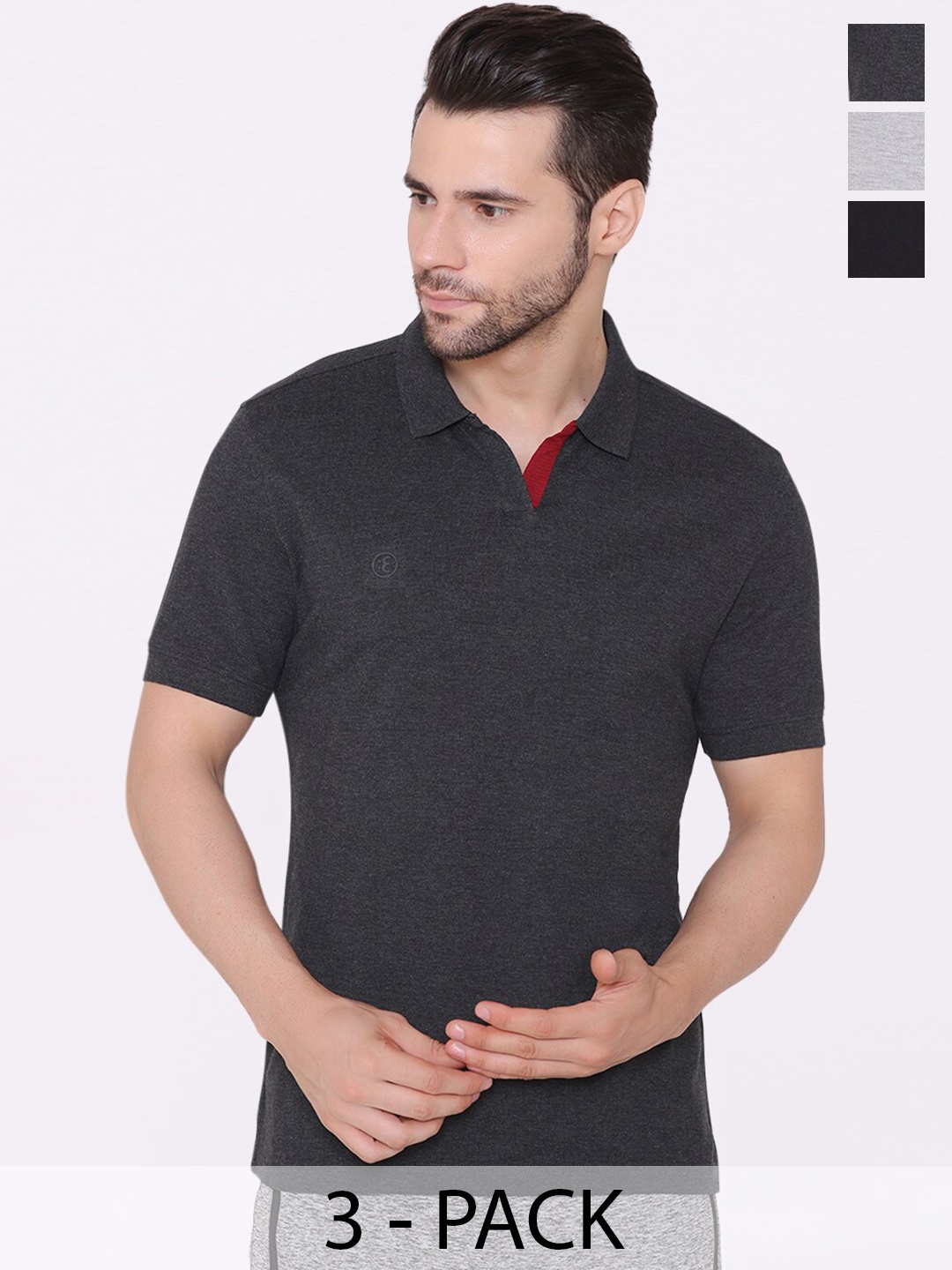 

BODYACTIVE Pack of 3 Cotton Polo Collar T-shirts, Grey