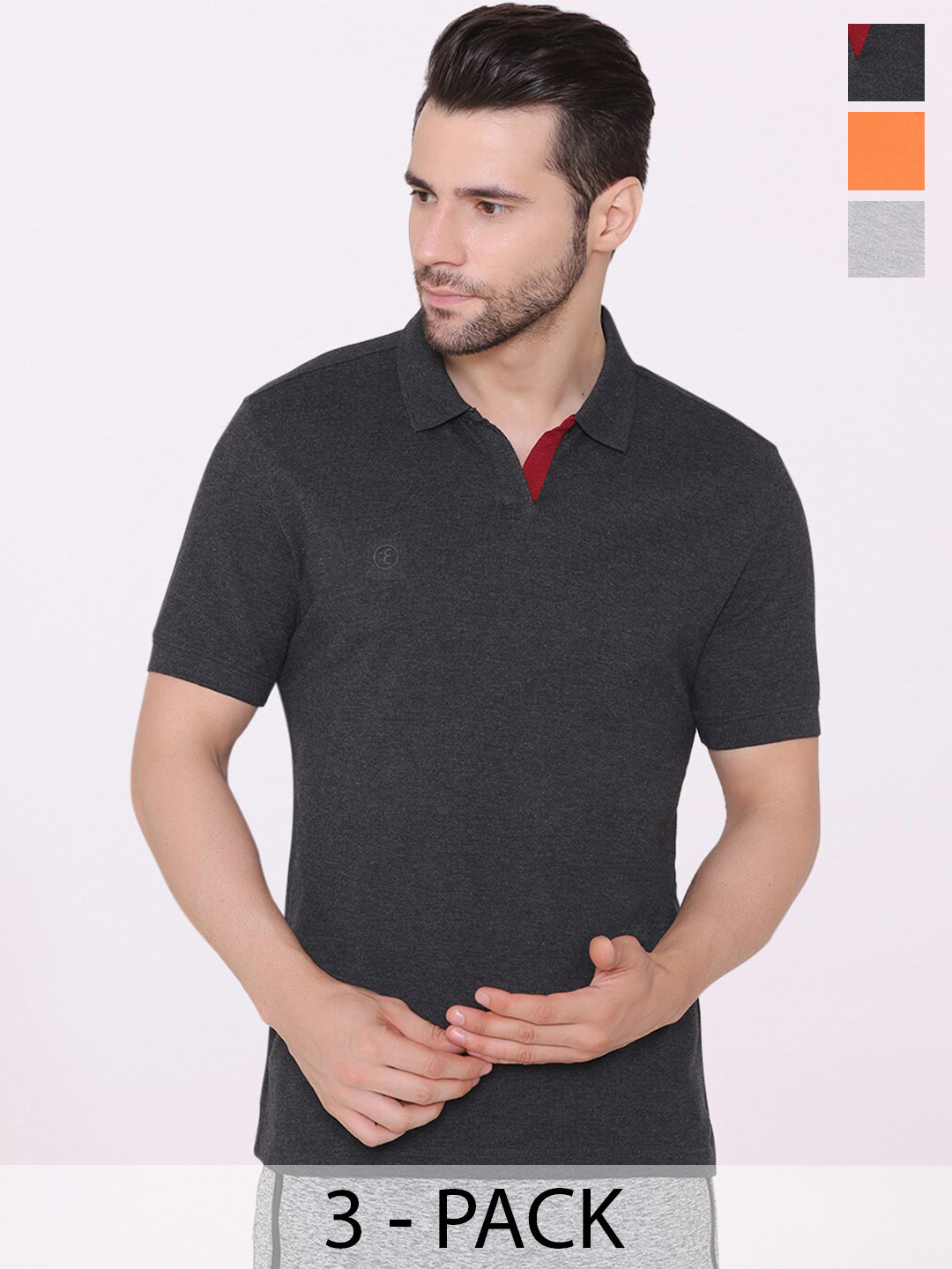 

BODYACTIVE Pack Of 3 Polo Collar Cotton T-shirt, Black