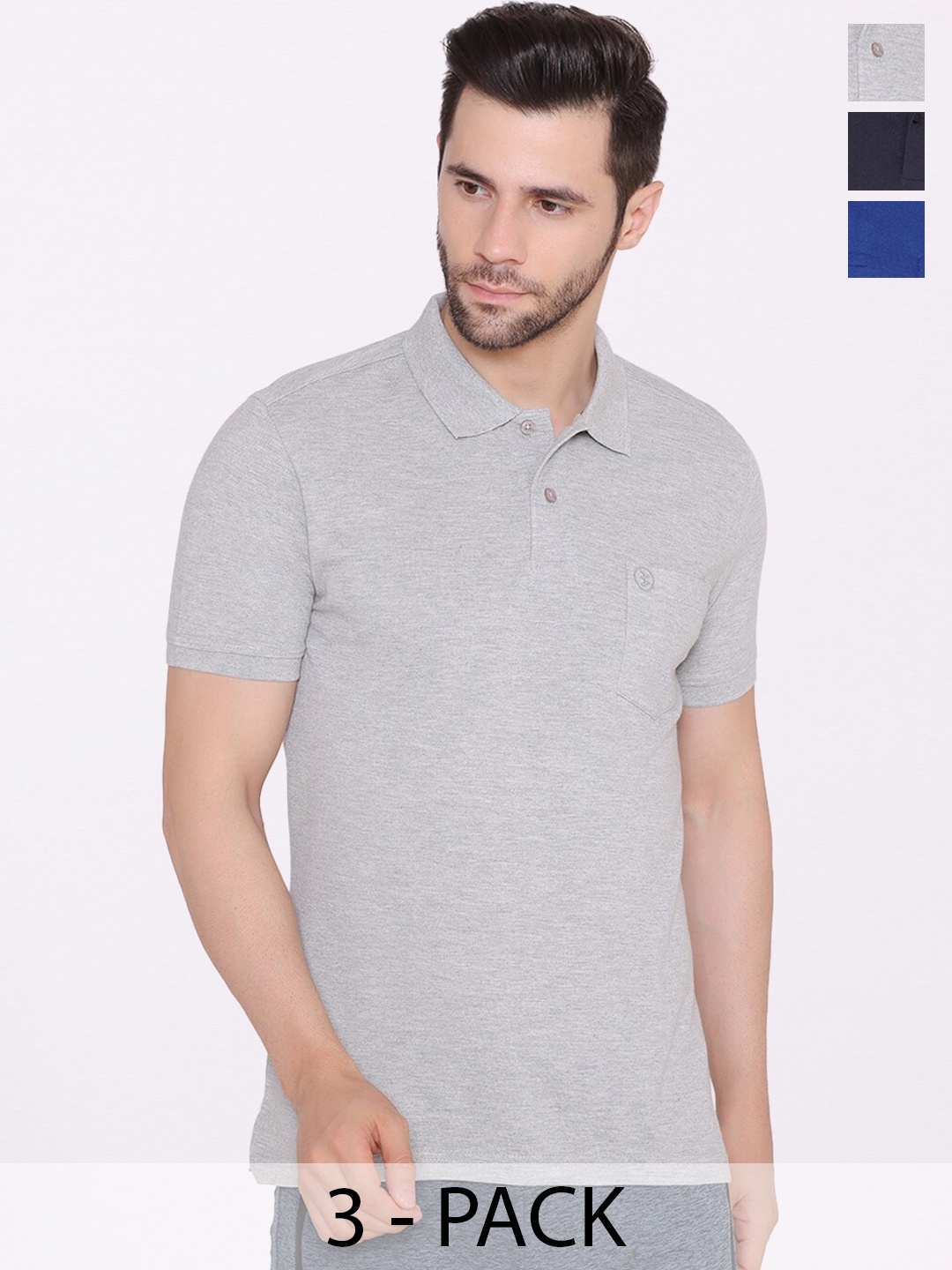 

BODYACTIVE Pack Of 3 Polo Collar Cotton T-shirt, Navy blue