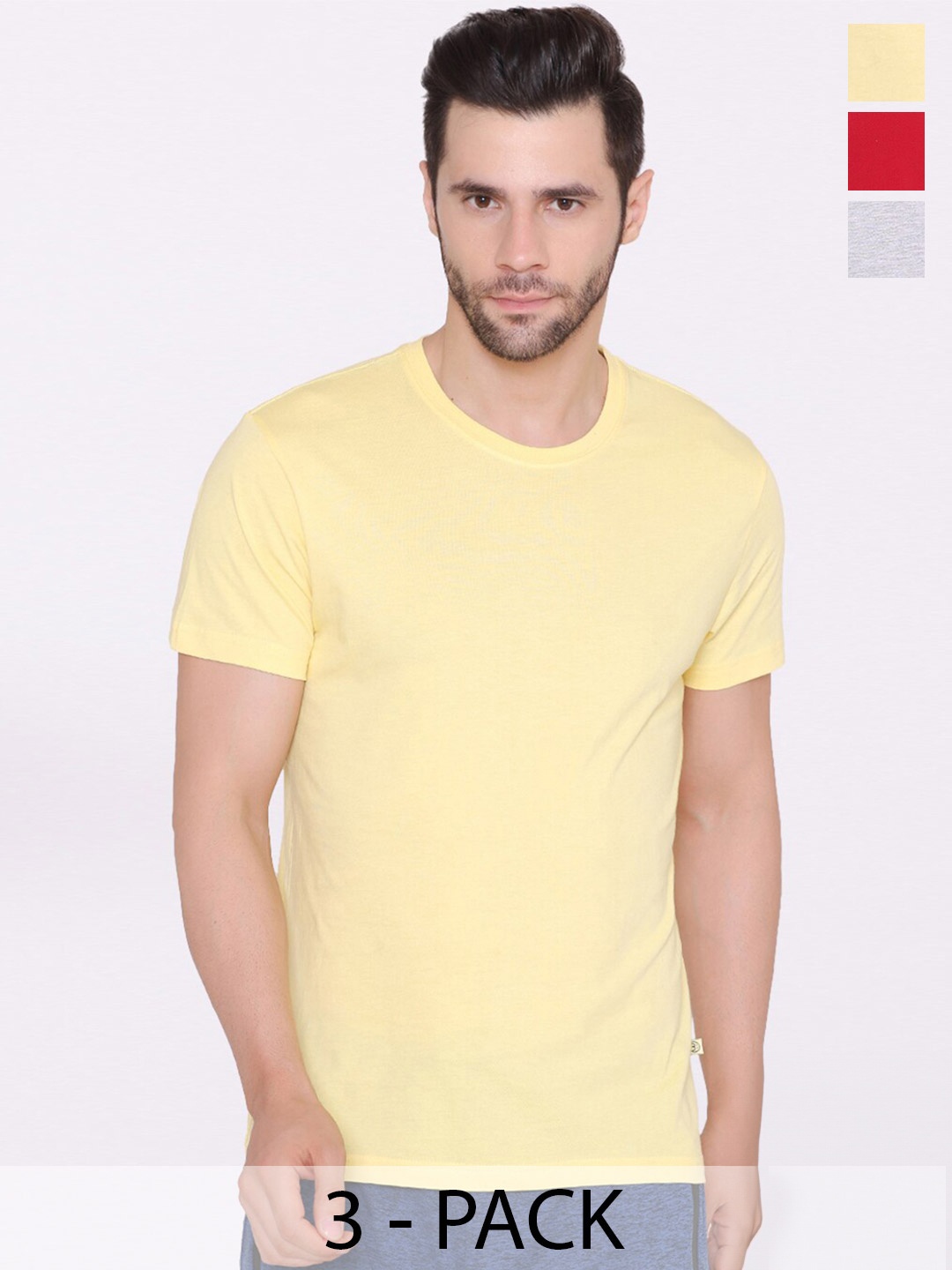 

BODYACTIVE Pack Of 3 Round Neck Cotton T-shirt, Yellow
